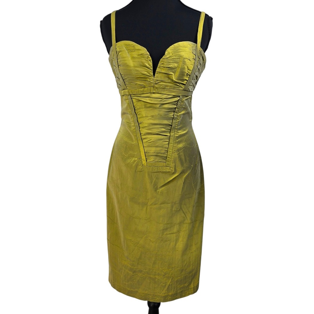Dina Bar-El Y2K Cocktail Dress Small Chartreuse Green Ruched Sexy Sweetheart USA